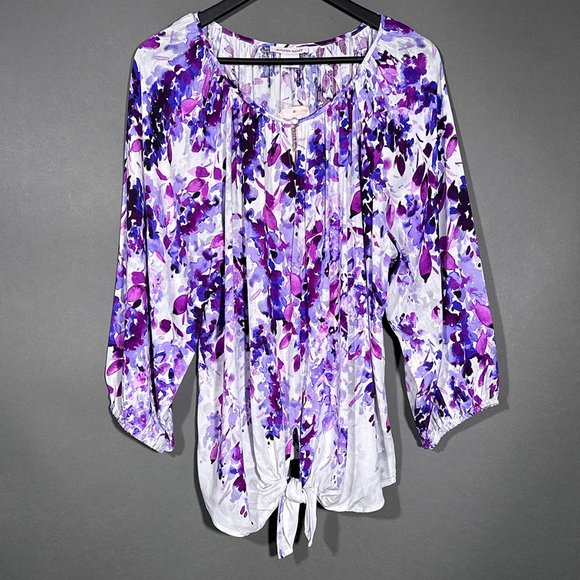 NWT Allison Daley‎ Floral Print Tie Hem 3/4 Sleeve Keyhole Neck Top Size L - Picture 2 of 14